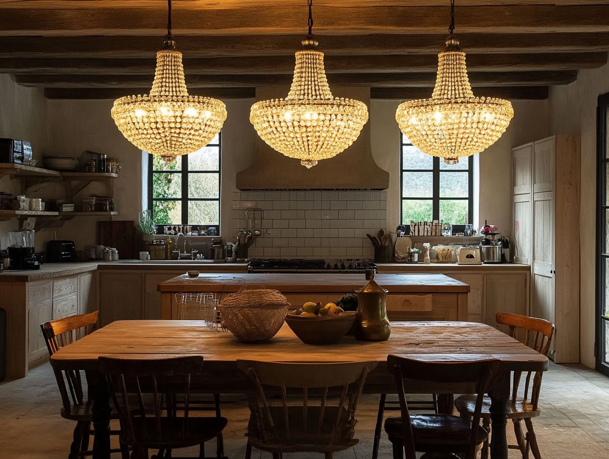 An image showcasing various chandelier styles for rustic kitchens.