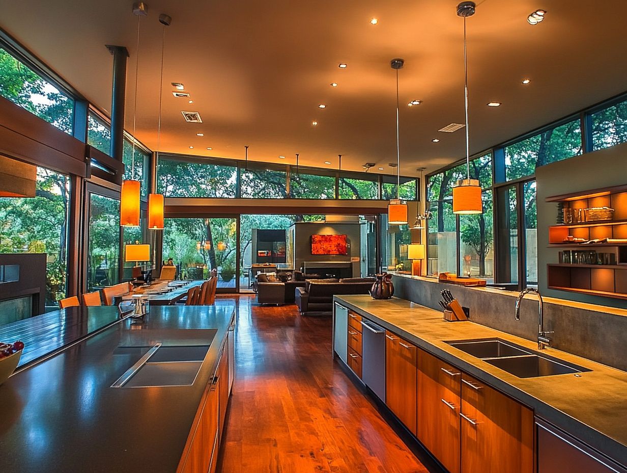 Brightly lit open kitchen with stylish lighting options.