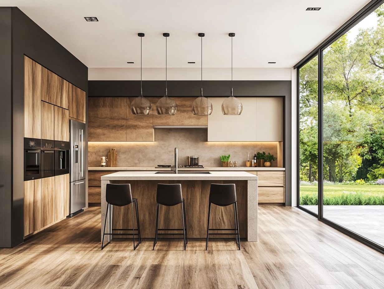 A modern kitchen showcasing popular layout trends with a multi-functional island.