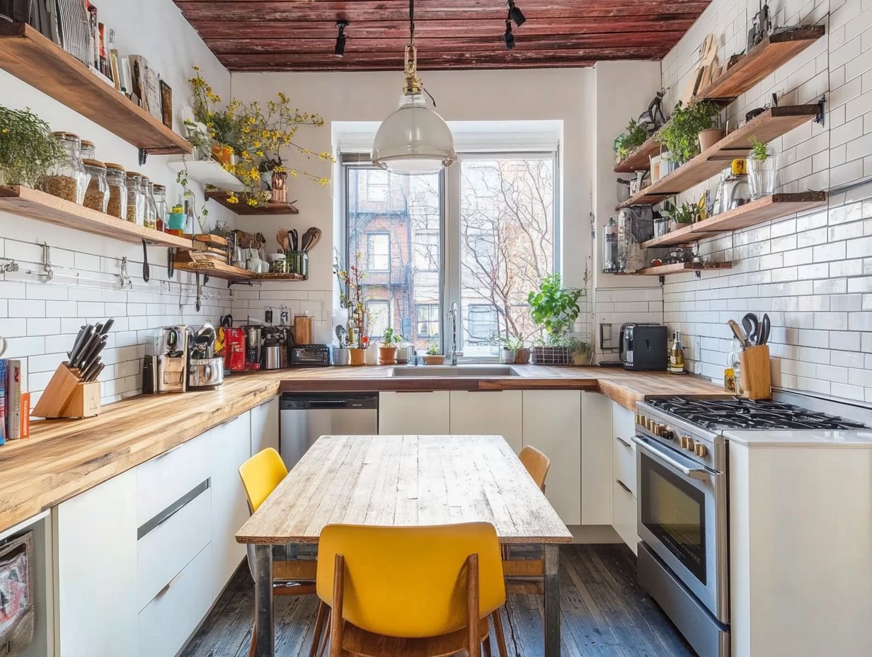 A small kitchen organized with wall-mounted shelves and decorative jars.