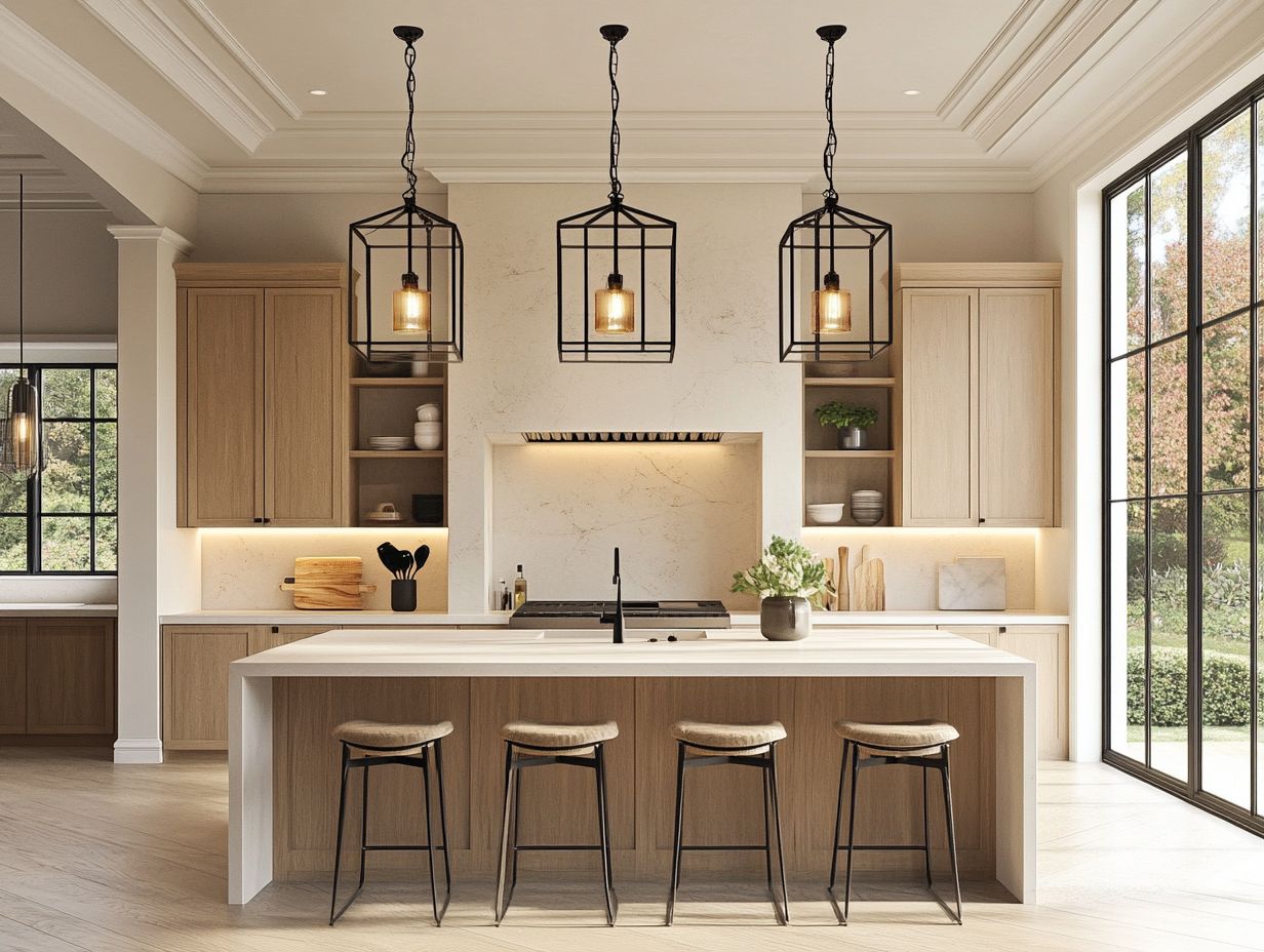 A beautifully designed large kitchen featuring statement lighting options