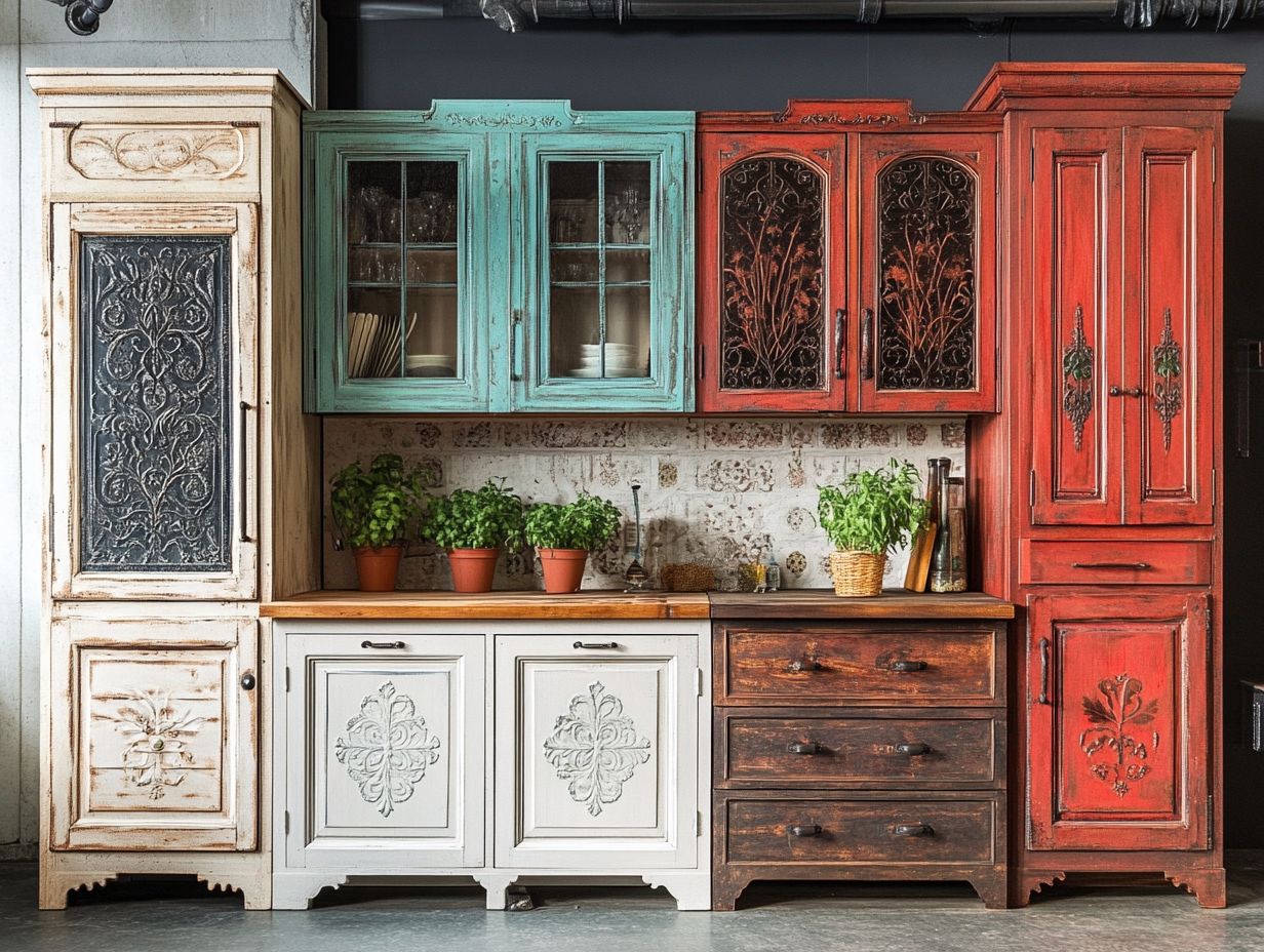 A variety of distressed finishes on kitchen cabinets showcasing vintage style.