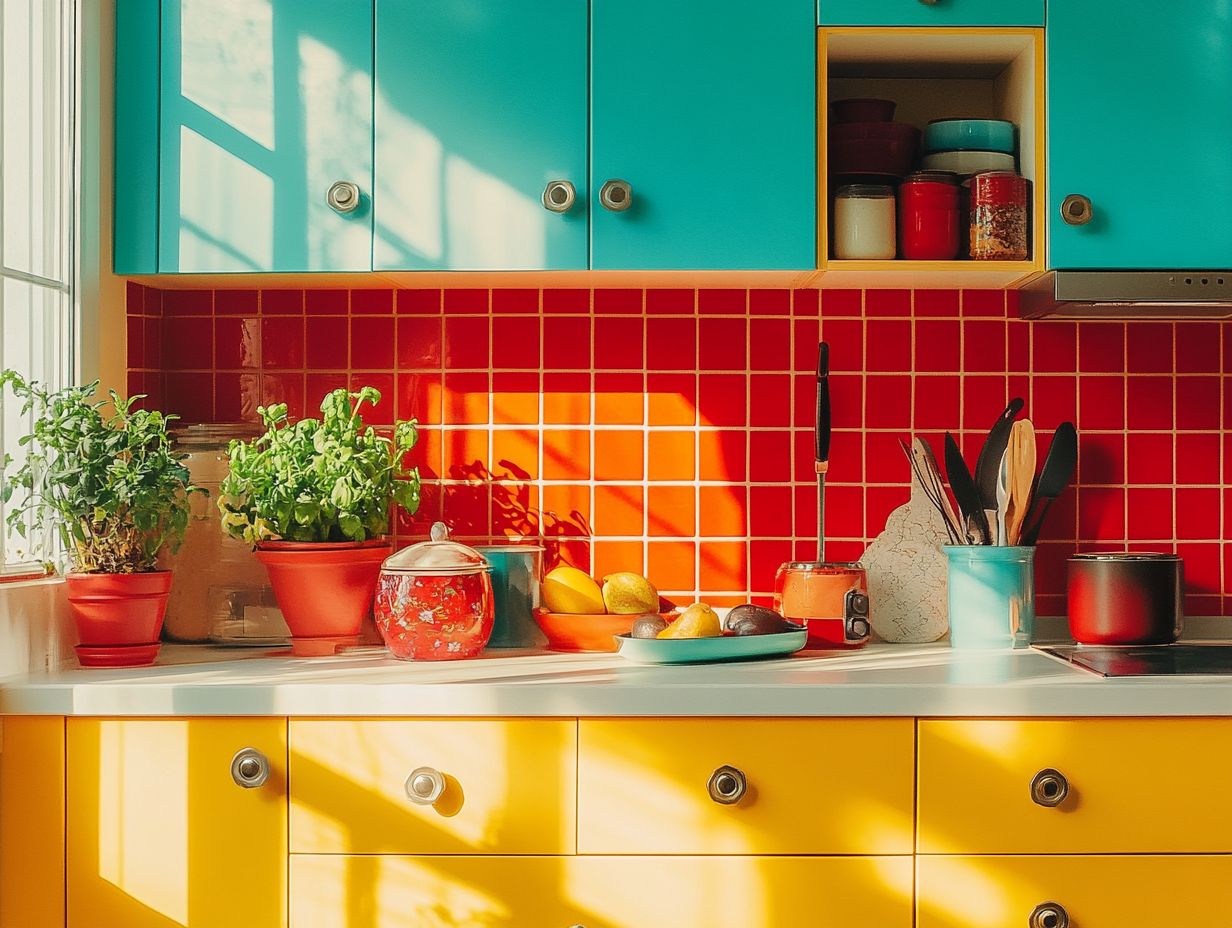 A colorful kitchen showcasing vibrant accessories and appliances.