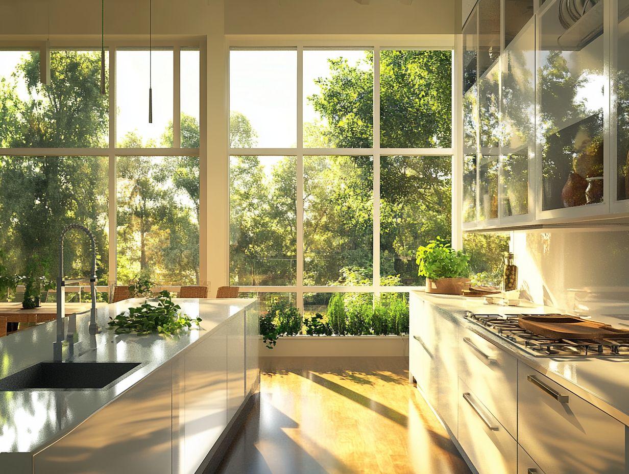 A beautifully decorated kitchen with mirrors enhancing natural light