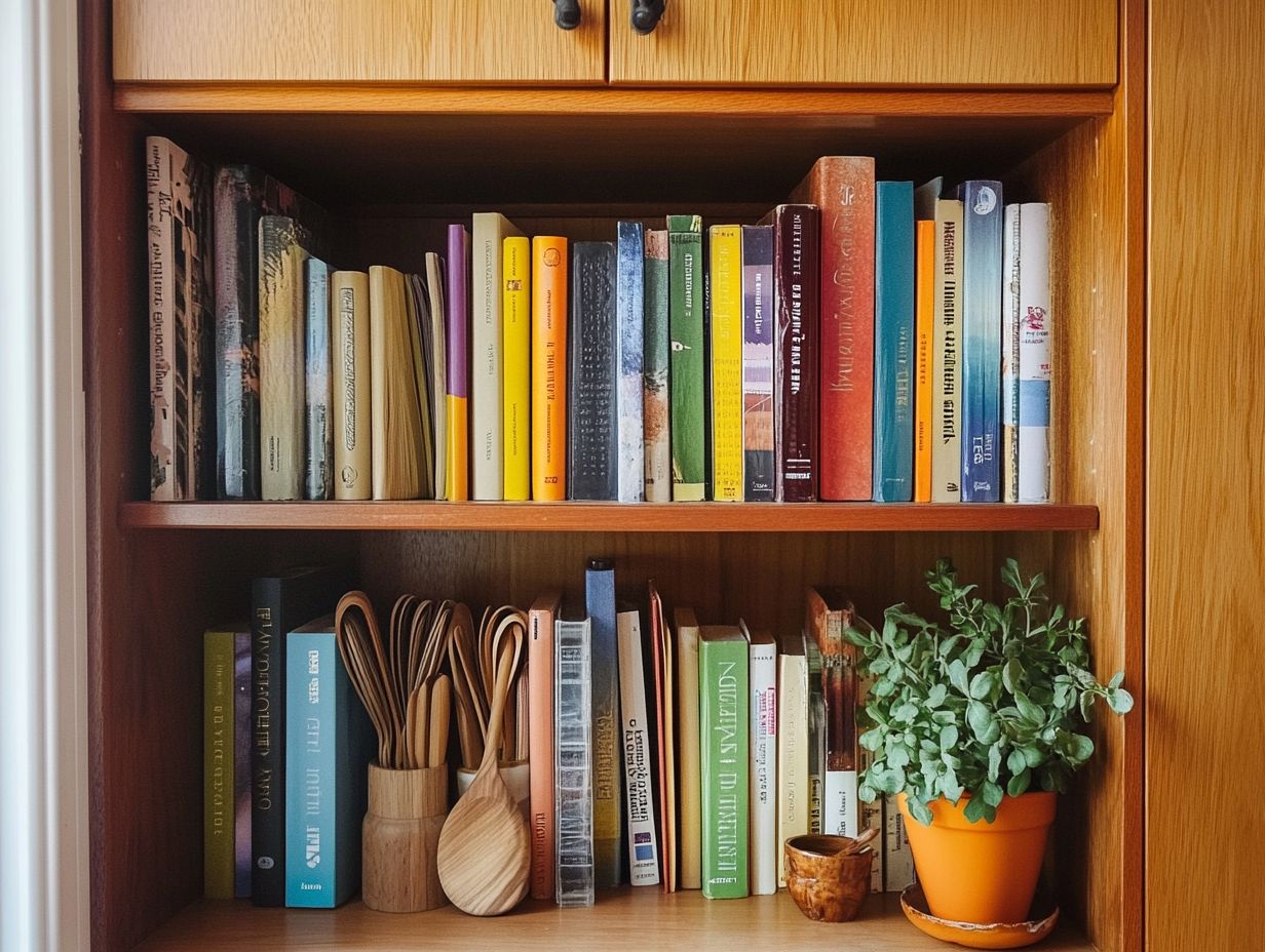 A neat kitchen with organized cookbooks for easy cooking.