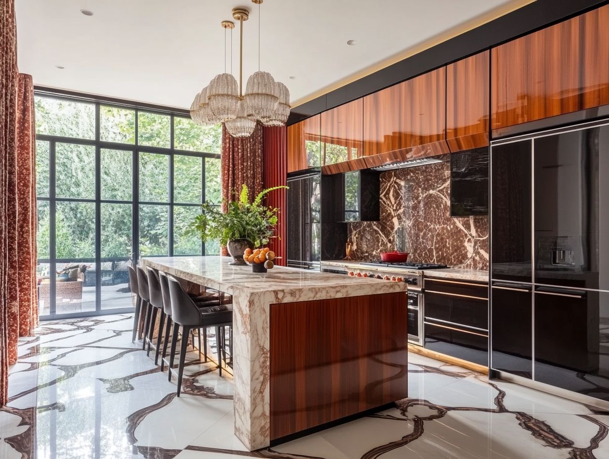 Key elements in Art Deco kitchen design, including geometric shapes and luxurious materials.