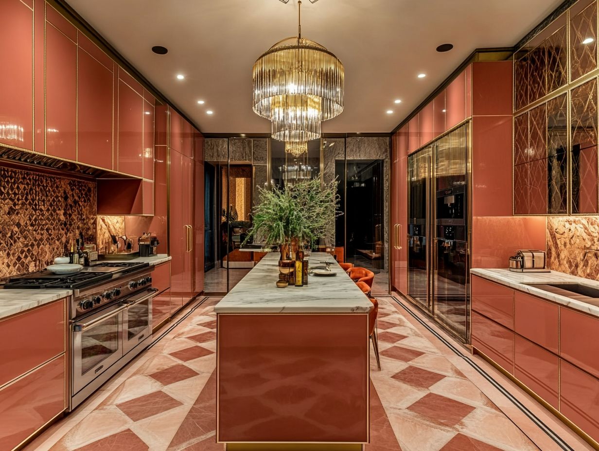 A functional and stylish Art Deco kitchen showcasing geometric designs and luxurious materials.