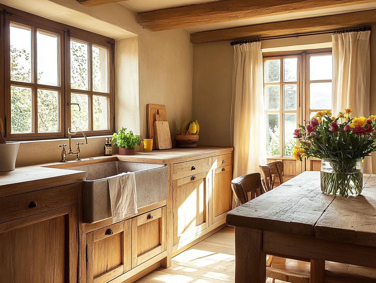 What are some key materials to use for a farmhouse-style kitchen?