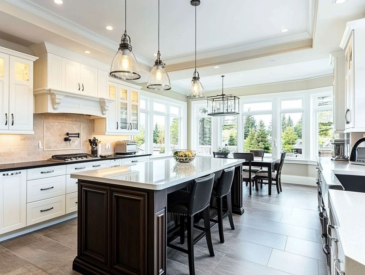 A spacious island kitchen featuring an island with seating and modern appliances.