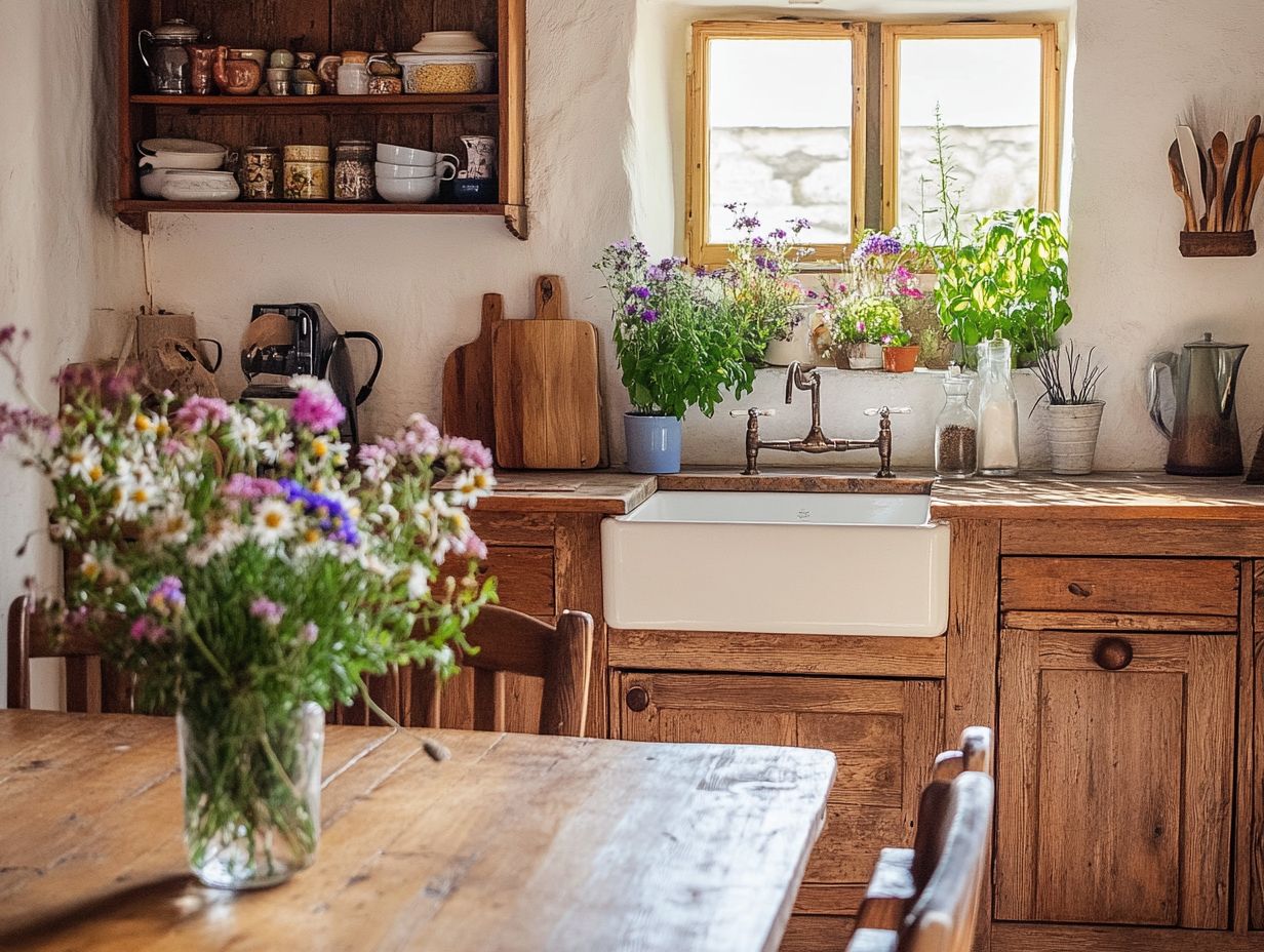 Visual guide to key takeaways for creating a farmhouse-style kitchen.