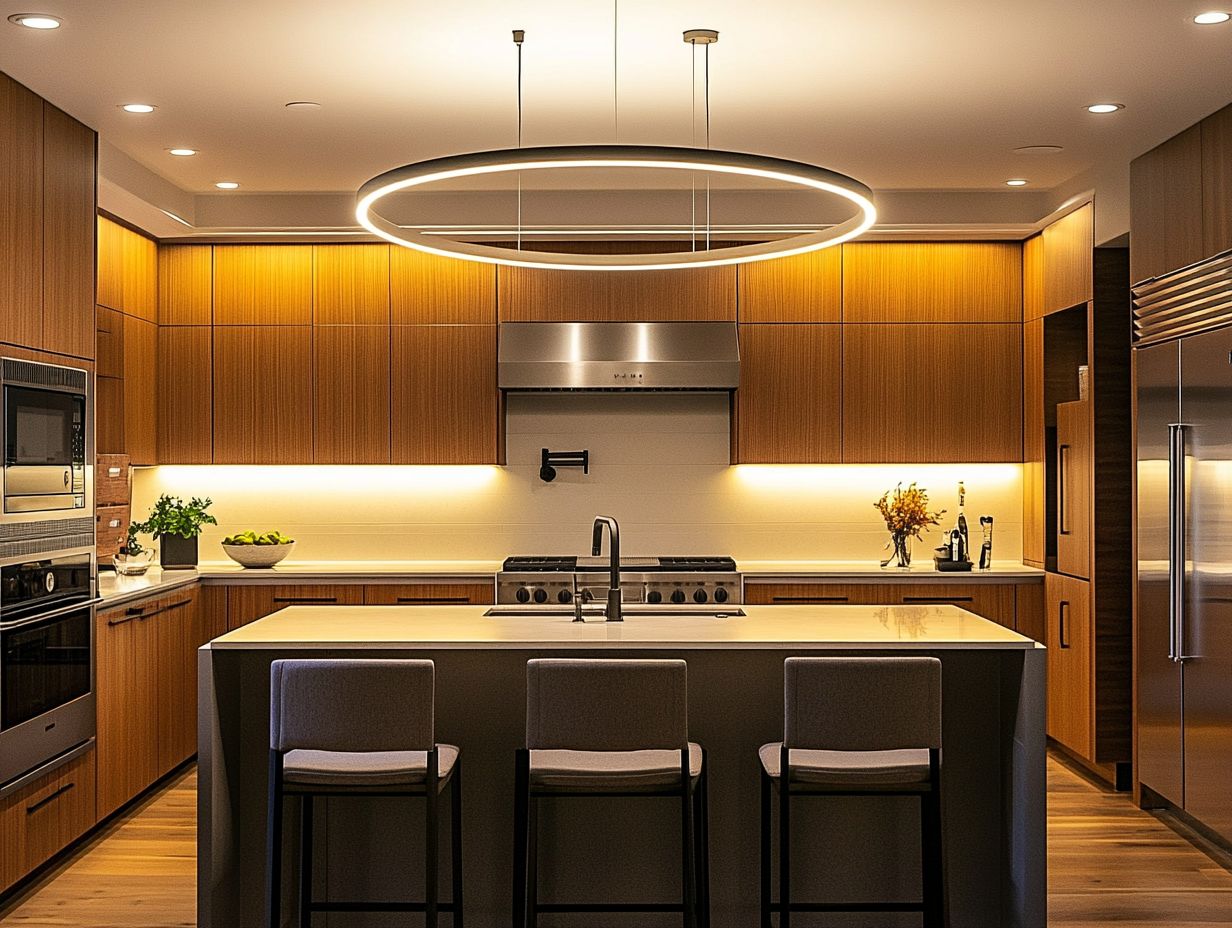 One way to create a focal point with kitchen lighting is to use statement fixtures, such as a chandelier or pendant lights, that draw the eye towards a specific area.