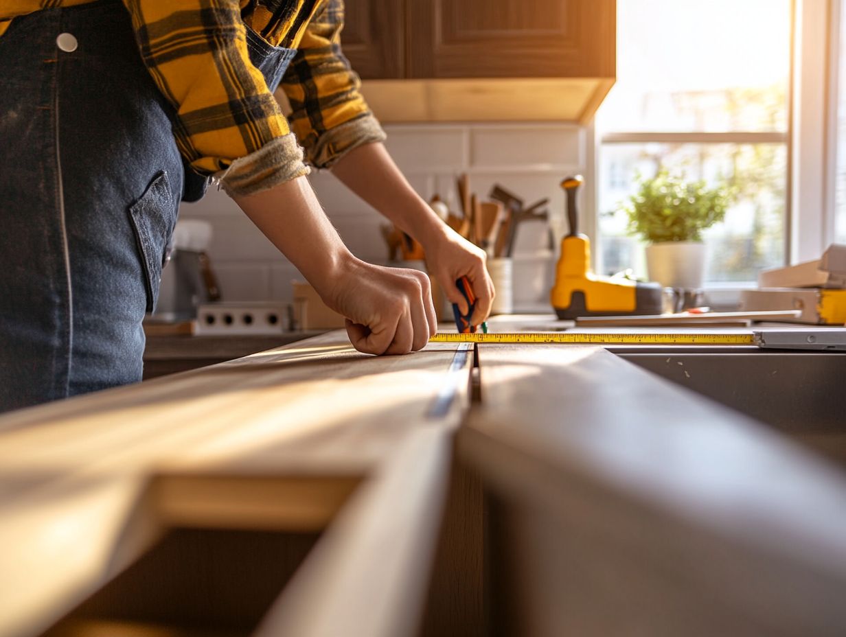 A person installing upper kitchen cabinets