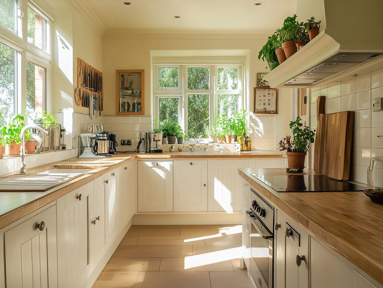 A collection of mirrors enhancing kitchen lighting