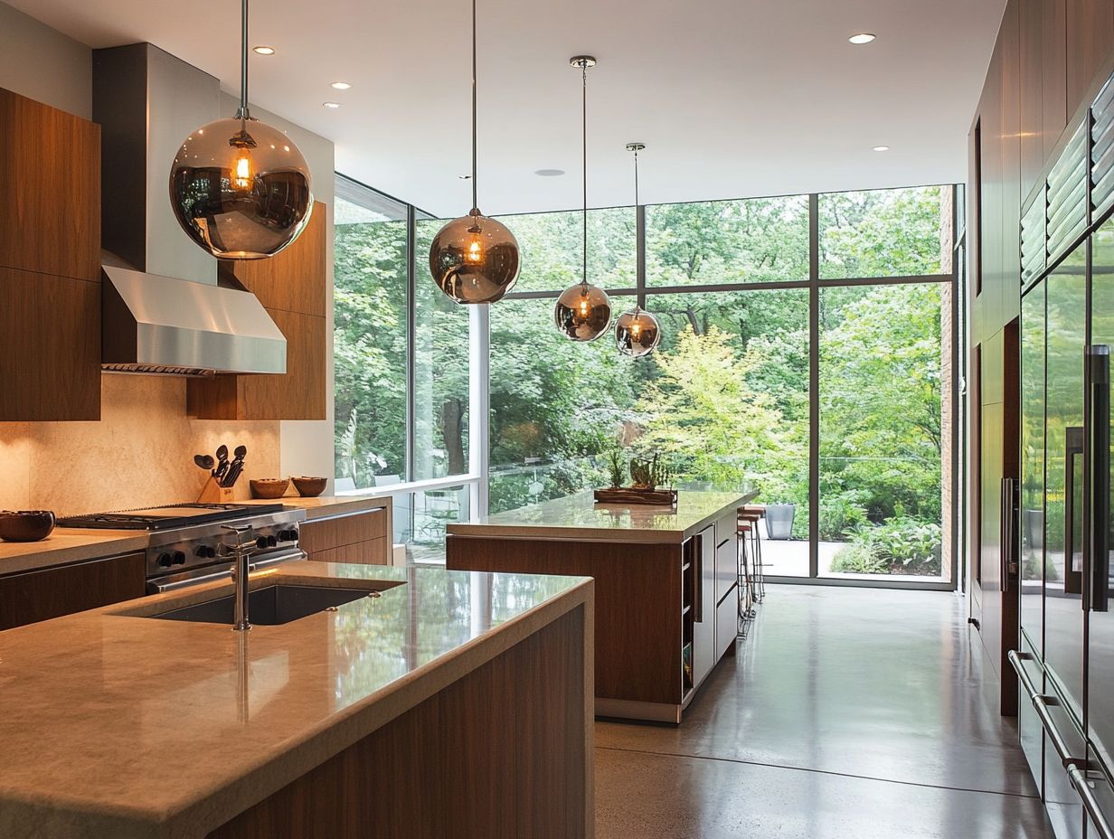 A kitchen showcasing different types of lighting