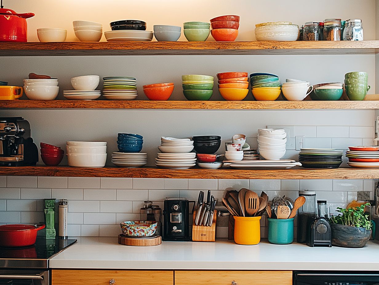 Illustration showing the advantages and disadvantages of open shelving in kitchens.